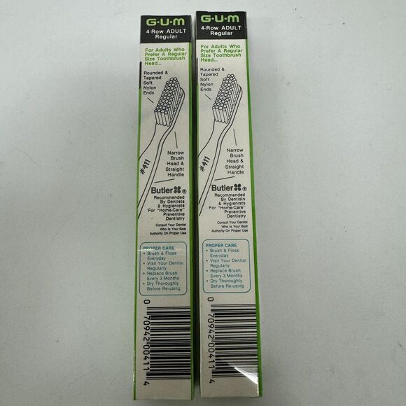 2 Vintage Butler GUM‎ Toothbrush 411 Regular Size 4-Row  w/ Pick End - Picture 2 of 2